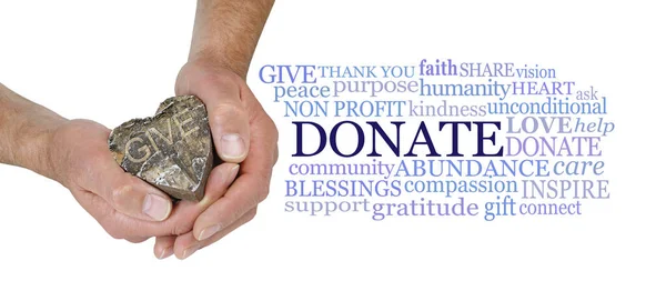 Palabras Asociadas Con Donaciones Caritativas Manos Masculinas Que Sostienen Corazón — Foto de Stock