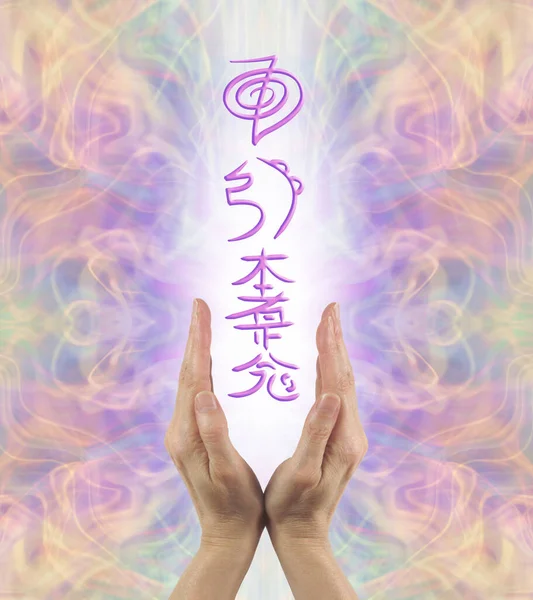 Sending Out Three Reiki Attunement Symbols Female Healer Hands Lilac — Foto de Stock