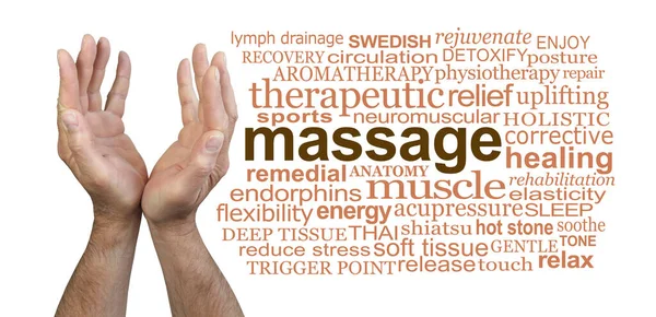 与身体按摩的好处有关的词汇 男性用手托住双手 在白色背景下隔绝的Massage单词云旁边 — 图库照片