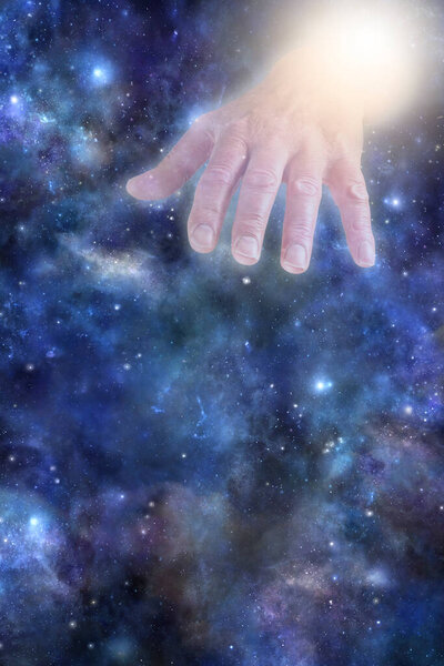God's Helping Hand Background Template - large masculine hand emerging from deep space top corner with copy space beneath for message
