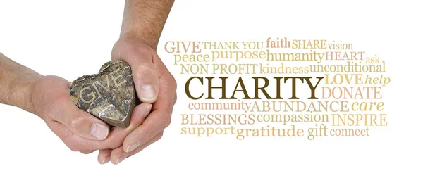 Slova Spojená Charitativním Dárcovstvím Mužské Ruce Držící Dřevěné Srdce Vyřezávané — Stock fotografie
