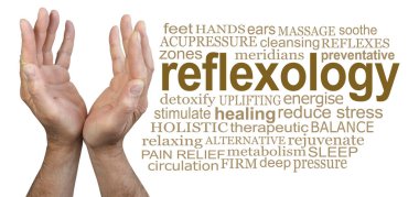 Refleksoloji Kelime Bulutu ile ilişkilendirilen kelimeler - beyaz bir arkaplanda izole edilmiş altın renkli REFLEXOLOGYword bulutunun yanında bir çift olgun erkek eli kavrulmuş ve yukarı uzanıyor