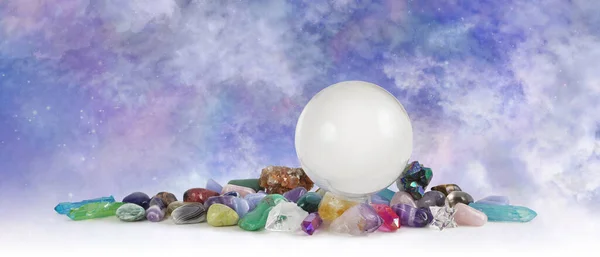 Large Clear Crystal Ball Celestial Crystal Healing Banner Skrying Sphere — Stock Photo, Image