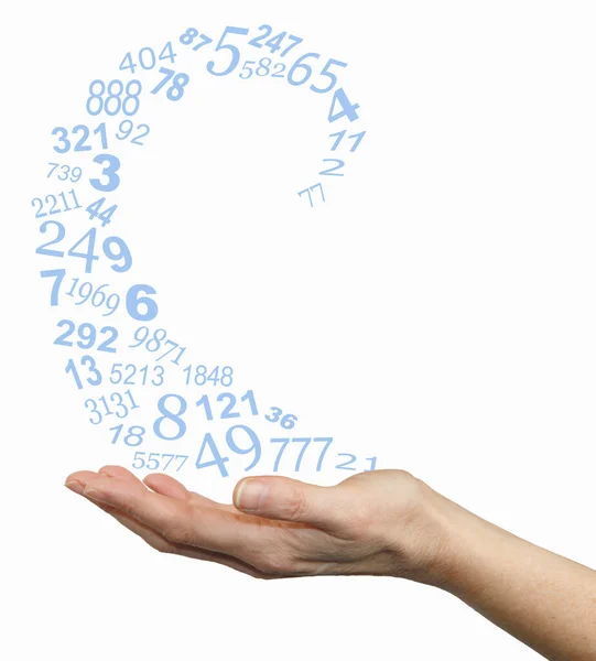 Numerology Concept with Blue Spiralling Numbers leaving hand - random numbers moving in a fibonacci spiral outwards from a female hand isolated on a white background
