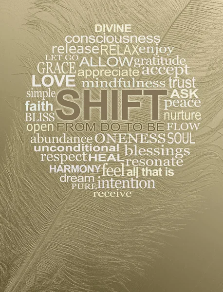 Shift Word Cloud Spiritual Feather Wall Art Golden Embossed Ostrich — Stock Photo, Image