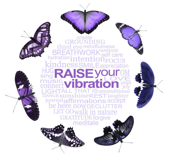 Spiritual Words to Inspire You and Raise Your Vibration Purple Butterfly Wall Art - идеальное облако слова, относящееся к моде и повышающее вибрацию в окружении семи различных бабочек-лилак                               