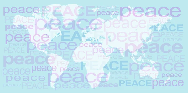 世界平和の概念の壁のアートテンプレート 背景は 世界地図の単純な図です海は薄い青のオーバーレイされている単語の多くの異なるサイズのキャップと低いケースで平和理想的な壁のアートとして — ストック写真