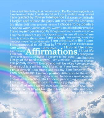 Blue sky rainbow I AM affirmations word cloud -  Self development spiritual affirmationstheme ideal for a coaster, cushion, mouse mat, wall art canvas for a holistic therapy room wall needing positive vibes clipart