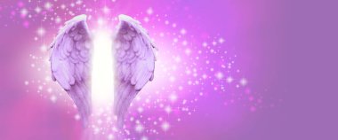 Angel Healing pink sparkle memo template background - a pair of feathered angelic wings with  white light between against a pink  sparkling background with copy space clipart