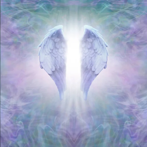 Anděl Léčení Duchovní Šablony Pozadí Pár Andělských Křídel Bílým Světlem — Stock fotografie