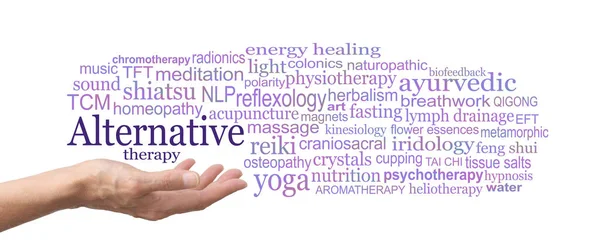 Kies Uit Vele Verschillende Alternatieve Therapieën Woord Wolk Vrouwelijke Therapeut — Stockfoto