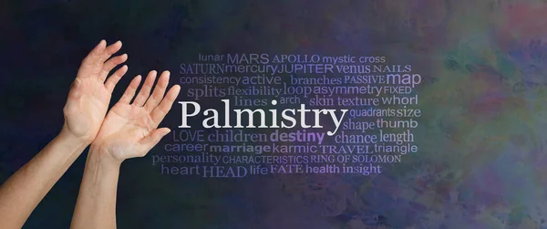 Aspects Palmistry Word Tag Wolk Vrouwelijke Open Samengeknepen Handen Naast — Stockfoto