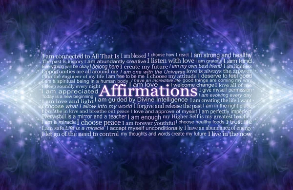 Spiritual Affirmations Word Cloud Deep Ultramarine Blue Background Sparkles Holistic — Stock Photo, Image