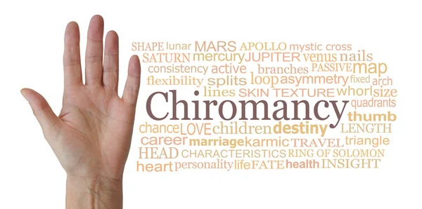 Όψεις Της Chiromancy Word Tag Cloud Θηλυκό Όρθιο Χέρι Που — Φωτογραφία Αρχείου
