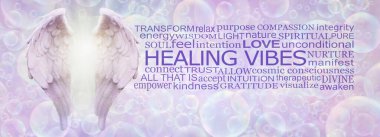 Words Associated with Angelic Healing Vibes Word Cloud on bubble background - pair of Angel Wings beside a word cloud relevant to HEALING VIBES on a lilac bubble background  clipart