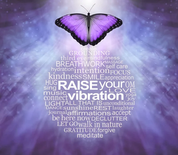 Spiritual healing words and butterfly wall art to raise your vibration - flowing blue sparkle spiritual background with a mauve  butterfly above a perfect circular word cloud relevant to spirituality and raising your vibration