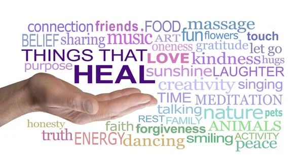 Words associated with THINGS THAT HEAL wall art on white background -  male open palm hand surrounded by a healing words tag cloud on white ideal for a Healers Therapy Room wall
