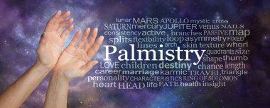 Palmiya Gecesi Gökyüzü Sözcük Bulutu Görünüşleri: Göksel bir derin uzay arka planına karşı bir PALMISTRY kelime bulutu yanında açık kadın elleri 