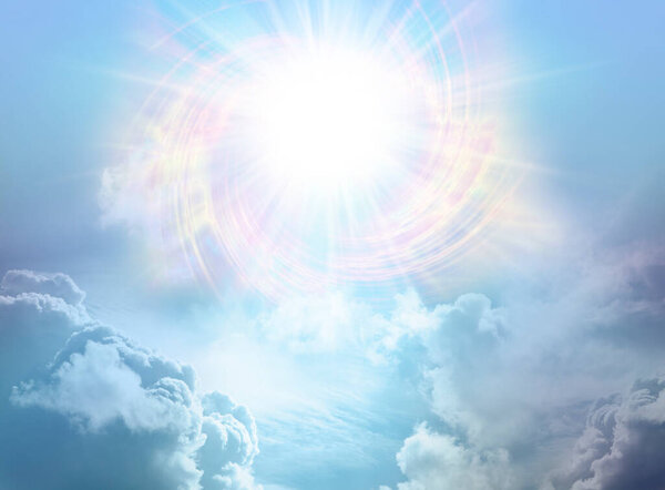 Glorious Divine Intelligence  Vortexing Starlight Sky - a massive high altitude spiraling star sun burst above bright blue cloudscape with copy space for healing spiritual messages