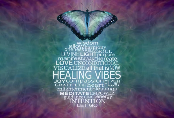 Words Associated Healing Vibes Word Cloud Wall Art Butterfly Circular — Stock Photo, Image