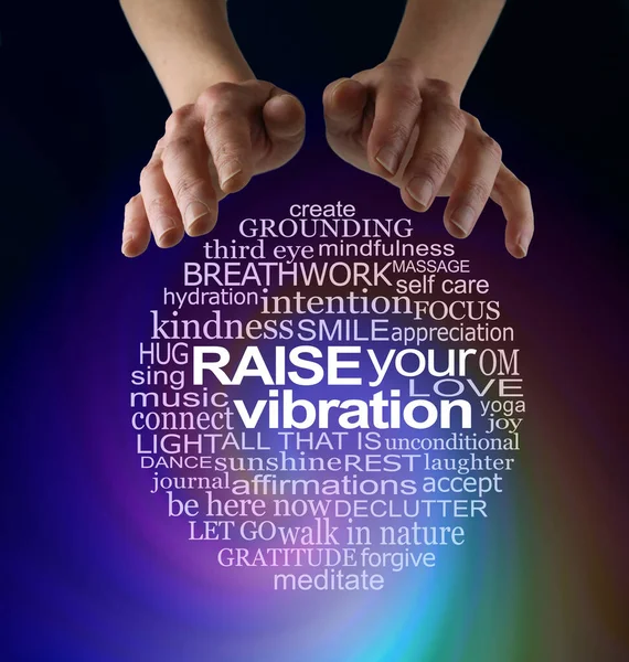 Spiritual healing words to help raise your vibration - hands hovering above a perfect circular word cloud relevant to spirituality and raising your vibration against a flowing spiralling energy background