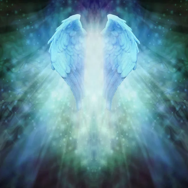 Blue Green Angel Healing Spiritual template background - a pair of feathered angelic wings with light between against a dark to light radiating green blue watery ethereal background with copy space