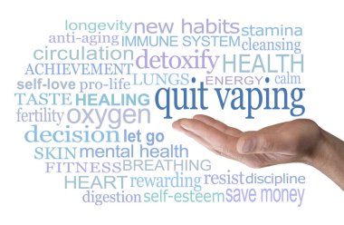 For your health's sake it is time to Quit Vaping Word Cloud - male hand open palm with the words QUIT VAPING above surrounded by a relevant word cloud on a white  background                                clipart