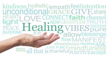 Green Healing Vibes Word Duvar Sanatı beyaz arka planda izole edildi - bütünsel terapi odası için ideal beyaz arka planda şifalı titreşimler ile ilişkili kelimeler ile çevrili avuç içi