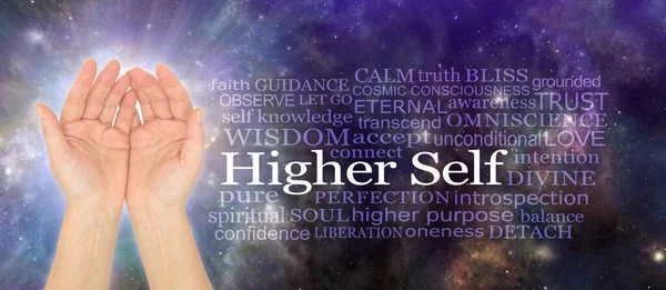 Higher Self Healing Word Cloud - female cupped hands beside a HIGHER SELF word cloud against a celestial cosmic night sky background ideal for a healers therapy room wall art canvas