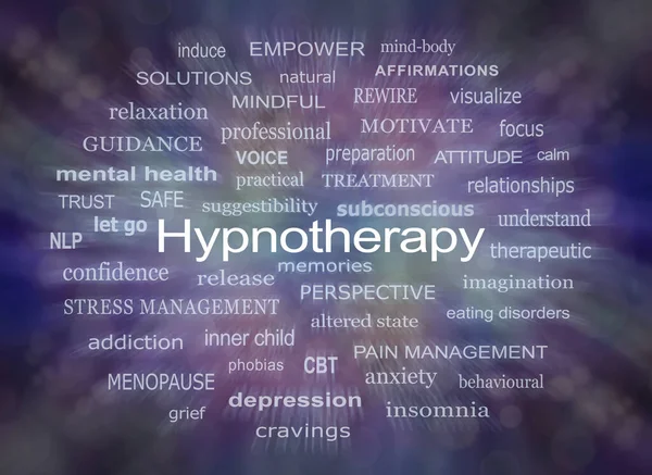 Words Associated with Hypnotherapy Word Cloud - Dark bokeh background with a tag cloud of positive and negative words appearing to motion outwards to help promote HYPNOTHERAPY