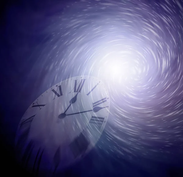Time spiraling away concept background - faint clock face at 12 minutes past 12 being sucked into white vortex on dark blue background