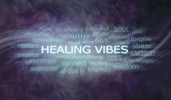 Dark Purple Healing Vibes Flowing Energy Word Wall Art - words associated with Healing Vibes appearing to flow outwards against a dark wispy background ideal for holistic therapy room
