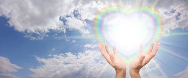 Sending you heart healing  vibes - blue sky and fluffy clouds with a heart shaped starlight filled rainbow heart and female hands sending healing energy clipart