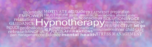 Words Associated with Hypnotherapy Word Cloud - pink purple bokeh background with a tag cloud of positive and negative words relevant to  HYPNOTHERAPY