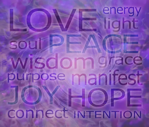 Spiritual Inspirational Words Purple Wall Art - Love peace joy hope connect intention purpose manifest, grace, wisdom soul, light, energy, words placed on a swirling spiral of purple modern abstract background