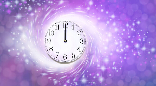 It's time to party Midnight New Year's Eve invite template - a clock face showing midnight against a swirling purple lilac sparkle bokeh background with space for invitation words