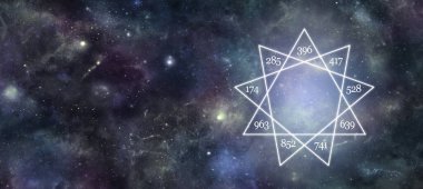 Solfeggio dokuz köşeli yıldız mesaj pankartı - derin uzay gece gökyüzü arkaplanı 9 solfeggio frekansı içeren bir yıldız ve sol taraftaki iletiler için kopyalama alanı