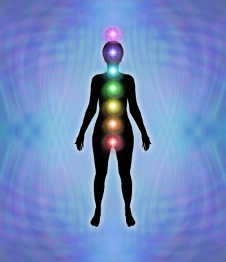 Female Silhouette with Seven Major Chakras on blue matrix background - a neat stack of seven rainbow coloured chakra vortexes in the middle of a female silhouette on a radiating matrix wave background with copy space clipart