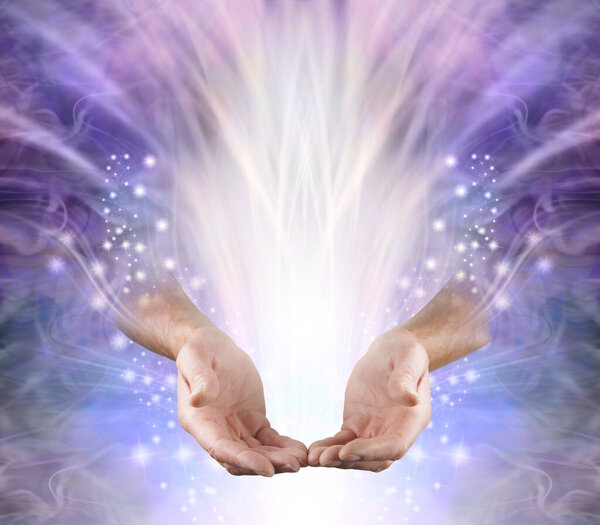 Sensing and sending high vibrational healing vibes - male hands emerging from purple blue energy field with white light flowign upwards and space for spiritual healing message