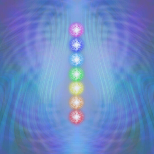 The Seven Major Chakras blue matrix background -  a neat stack of seven rainbow coloured chakra vortexes against a radiating purple blue matrix wave background with copy space