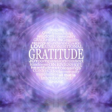 Minnettarlık Kelime Çemberi Duvar Sanatı - mor kare karışık filigran arkaplan üzerinde ruhani şükranla ilgili dairesel bir kelime bulutu bir bardak altlığı, duvar resmi veya teşekkür kartı için ideal