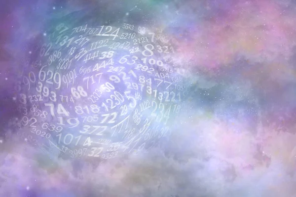 Numerology Numbers Cosmic Background - pink purple celestial sky background with a rotating circle of random numbers on left and copy space on right