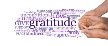 Sevgi ve minnettarlığı paylaşmakla ilgili kelimeler. Beyaz bir arka planda izole edilmiş bir kelime bulutunun yanında, kucaklanmış bir kadın eli.