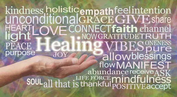 stock image Healing begins when we allow it and let go - female open palm hand with the word HEALING floating above surrounded by a relevant word cloud on a rustic multicoloured background