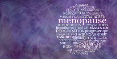 Words associated with the menopause circular word cloud - wispy flowing purple ethereal  background with copy space and a circle of words depicting symptoms of the menopause clipart