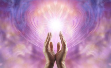 Male healer working with feminine heart energy - male hands with finger tips touch a white starlight against a pink peach lilac ethereal energy background with space for a spiritual message clipart