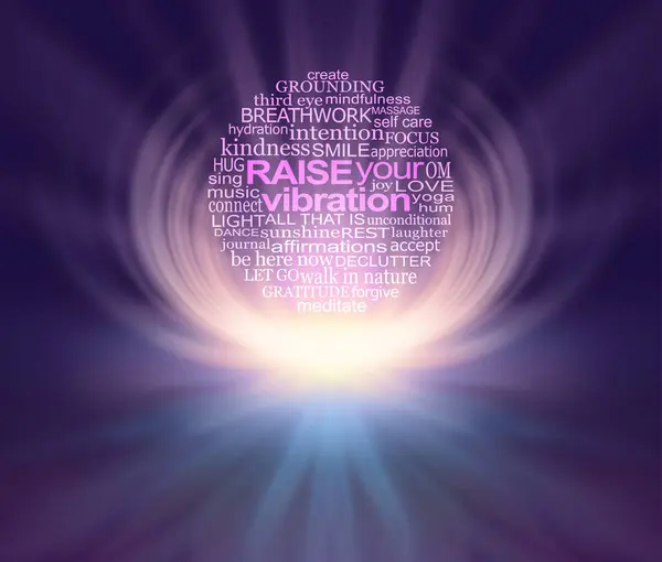 stock image Bring in the light and raise your vibration - Circular word cloud with spiritual healing theme on a beautiful light to dark background ideal for a spiritual healing wall art canvas in a therapy room                                
