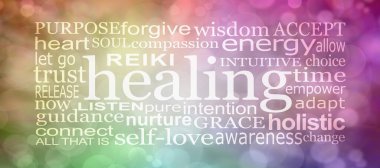 Basit Reiki Şifalı Kelime Bulut Duvar Sanatı - uygulamalarında Reiki Enerjisi iyileştirmesi kullanan uygulayıcılar için dikdörtgen bir kelime bulut ile renkli bokeh arkaplan. 