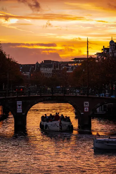 Canali Amsterdam Paesi Bassi Durante Tramonto Bello Colorato — Foto Stock