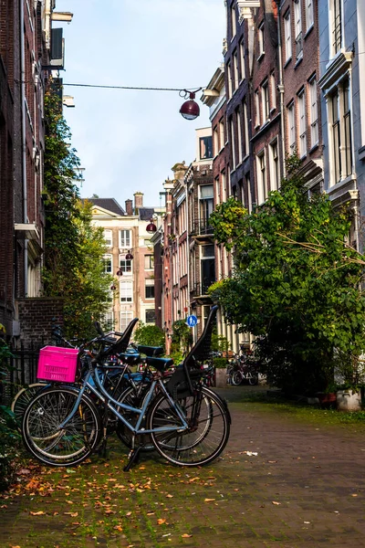 Biciclette Parcheggiate Nelle Stradine Amsterdam Nei Paesi Bassi Bicicletta Con — Foto Stock